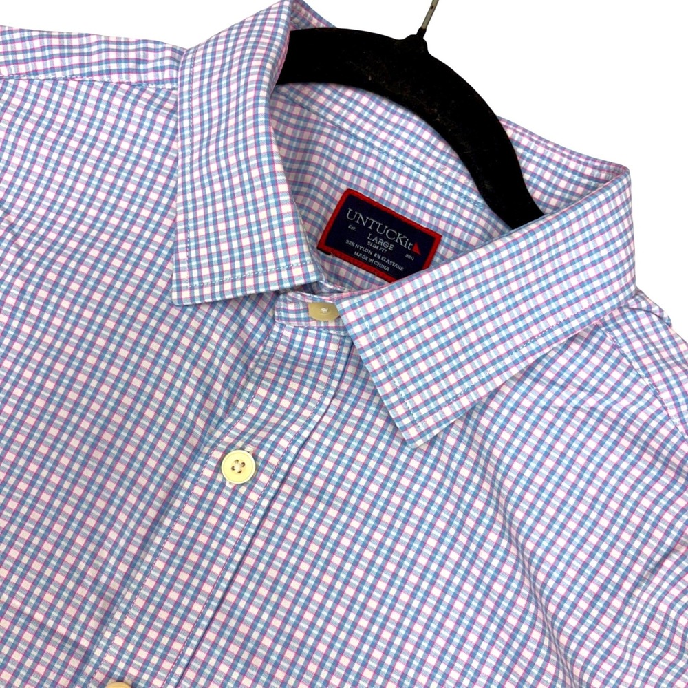 UNTUCKit Mens Large Slim Fit Gingham Check Button Down Shirt Blue Pink Stretch